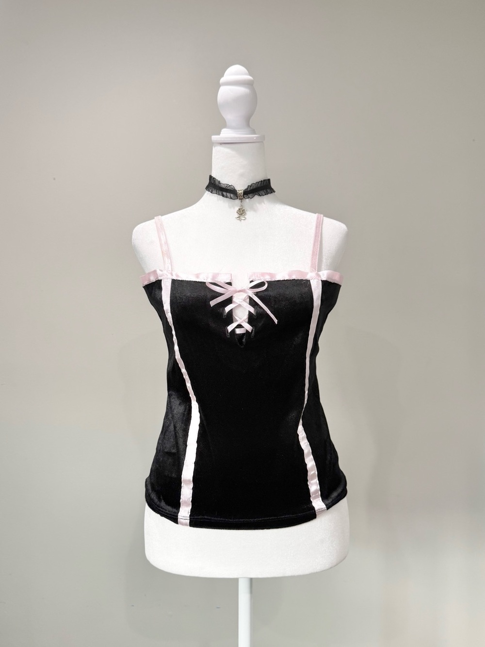 Vintage Y2K Velvet Black and Satin Pink Tank Top